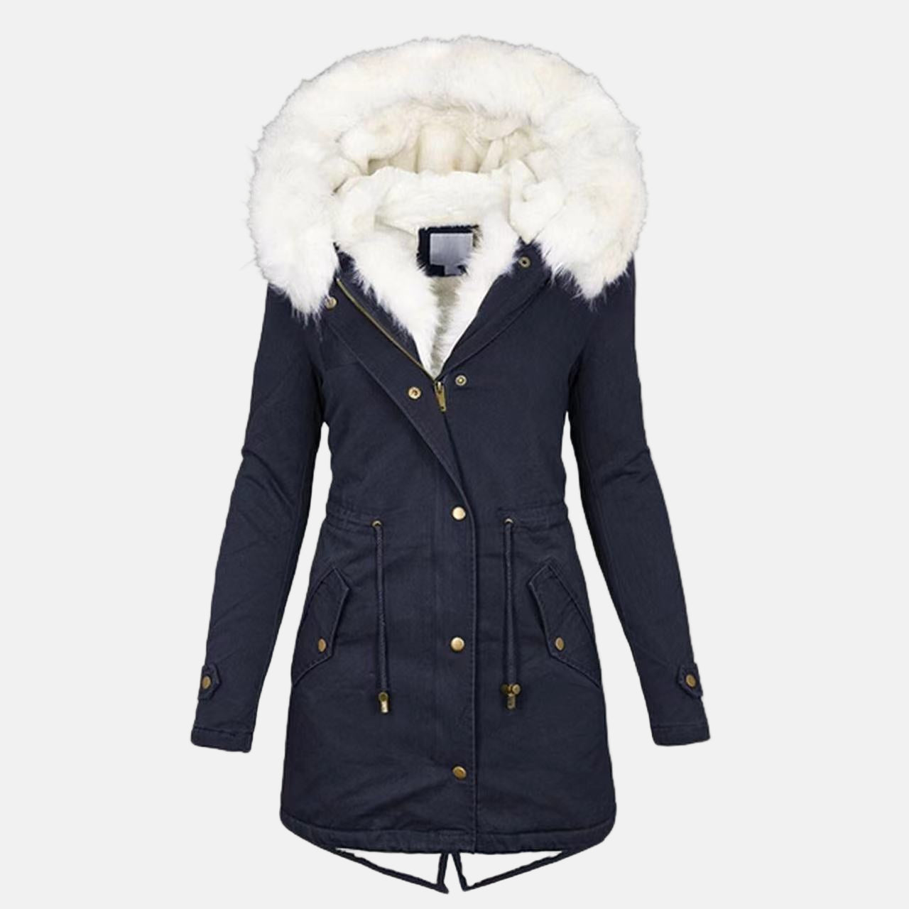 Women's hooded parka faux fur trim water-resistant fleece-lined mid-length cozy winter coat