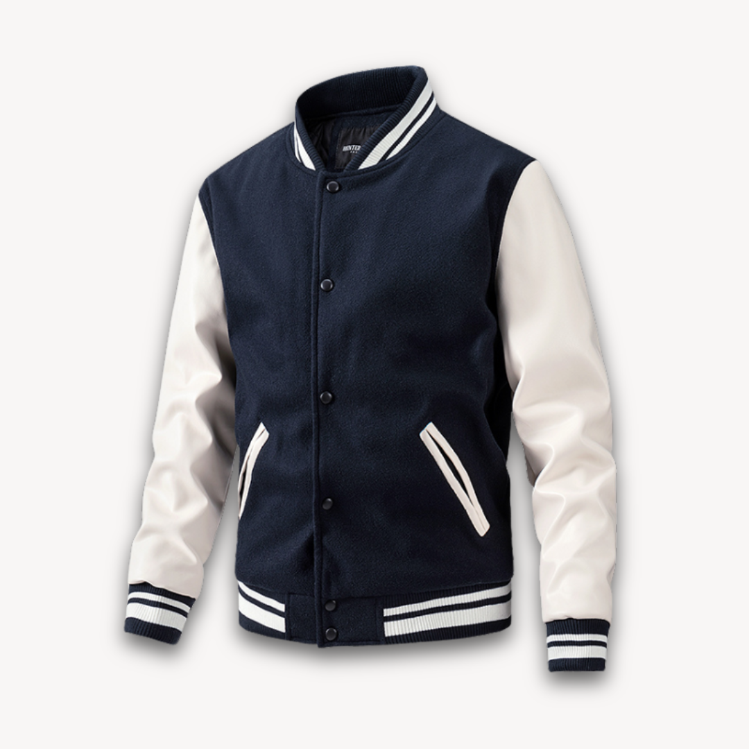 Men's black varsity jacket classic fit wool-look body leather-look sleeves snap button closure