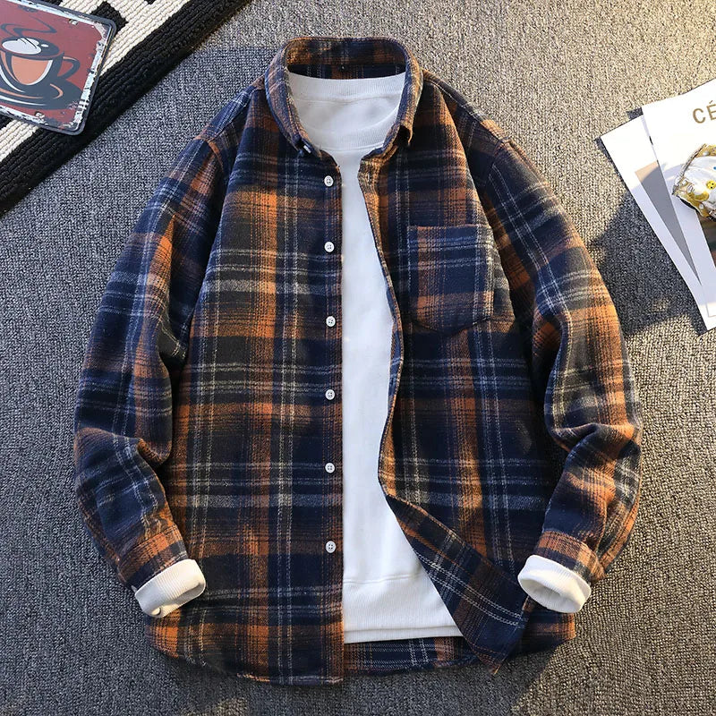Men's Hudson plaid flannel shirt mid-weight brushed cotton blend with fleece-lined cuffs