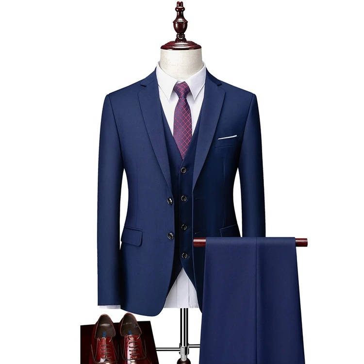Men's black slim-cut three-piece tuxedo with vest, wrinkle-resistant formal suit for weddings