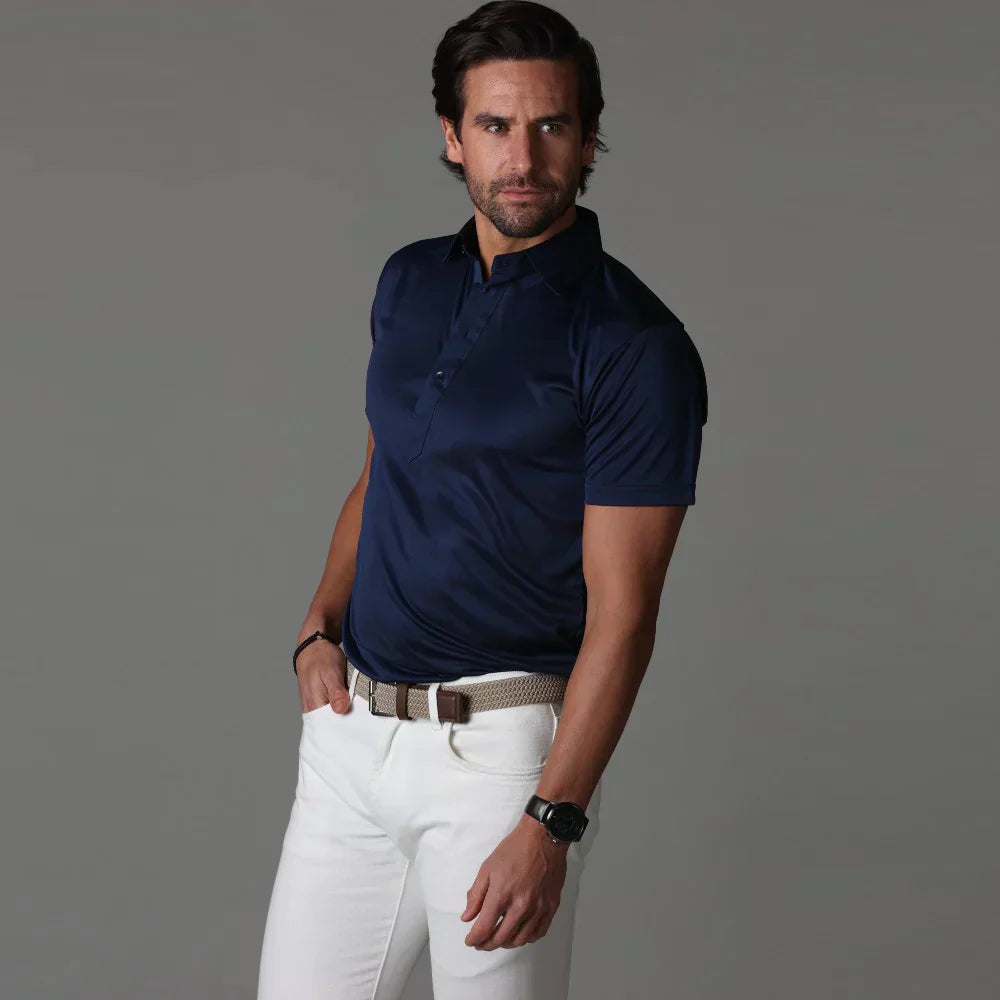 Men's white stiff collar polo shirt modern slim fit premium comfort versatile everyday wear
