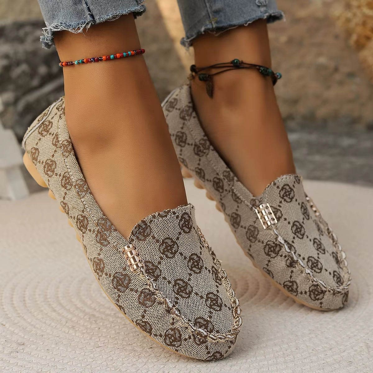 Women's denim slip-on flats in blue casual style with cushioned insole and anti-slip sole