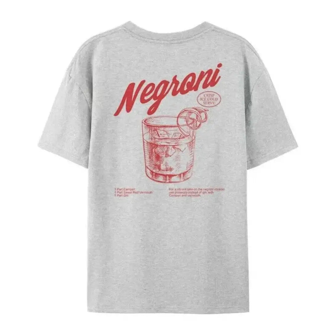 Vintage graphic cotton tee in relaxed unisex fit featuring retro Negroni cocktail print for bold style