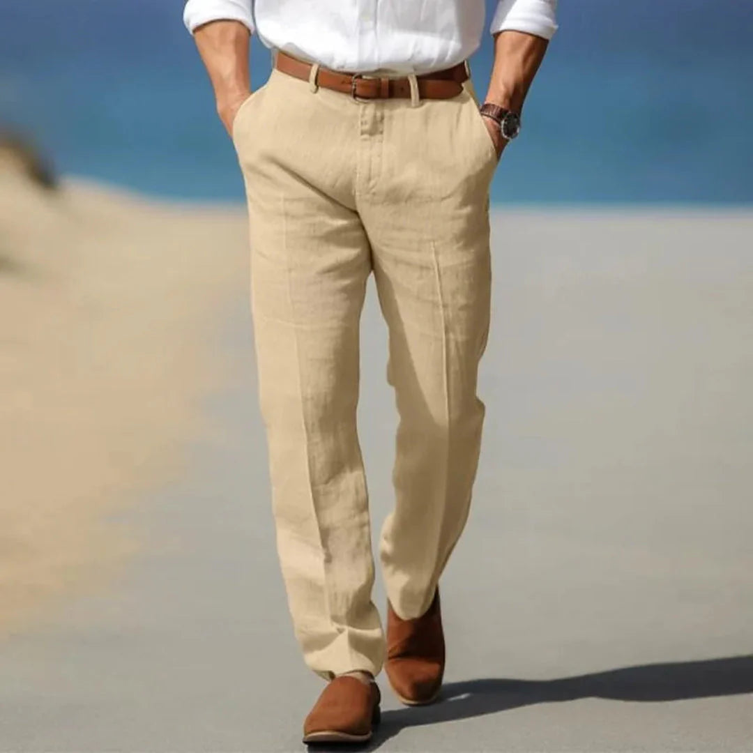 Men's lightweight linen tailored pants relaxed fit neutral tone with adjustable drawstring waistband