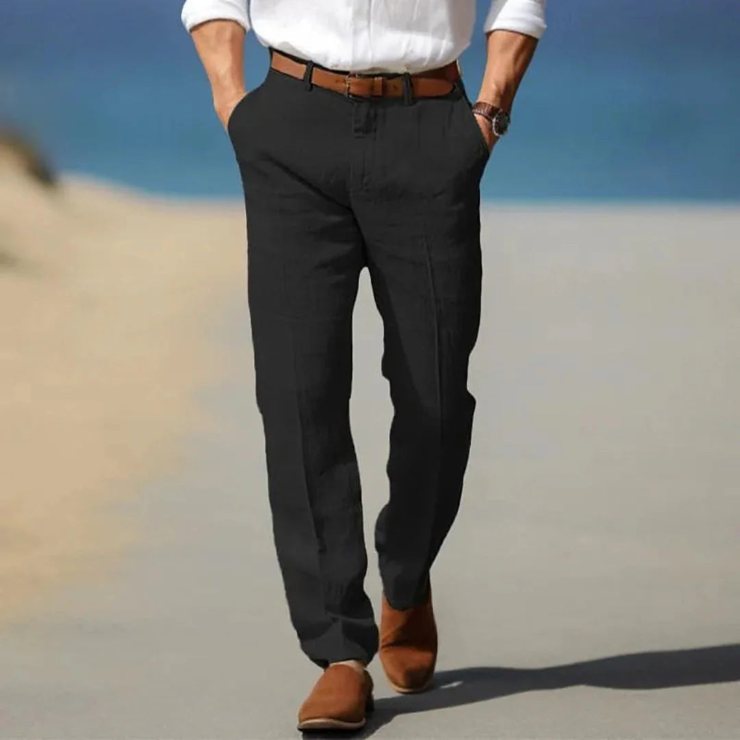 Men's lightweight linen tailored pants relaxed fit neutral tone adjustable drawstring waistband