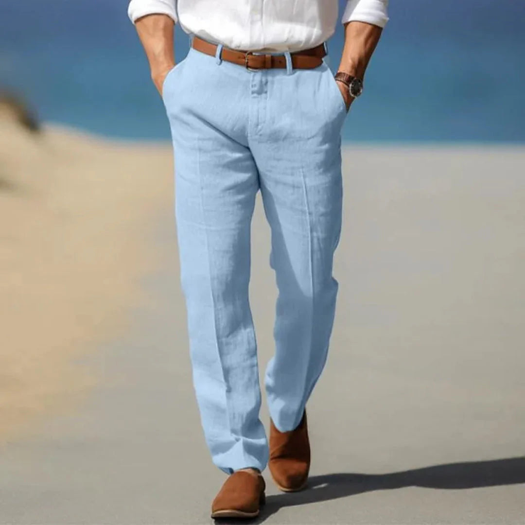 Men's lightweight linen tailored pants relaxed fit neutral tone adjustable drawstring waistband