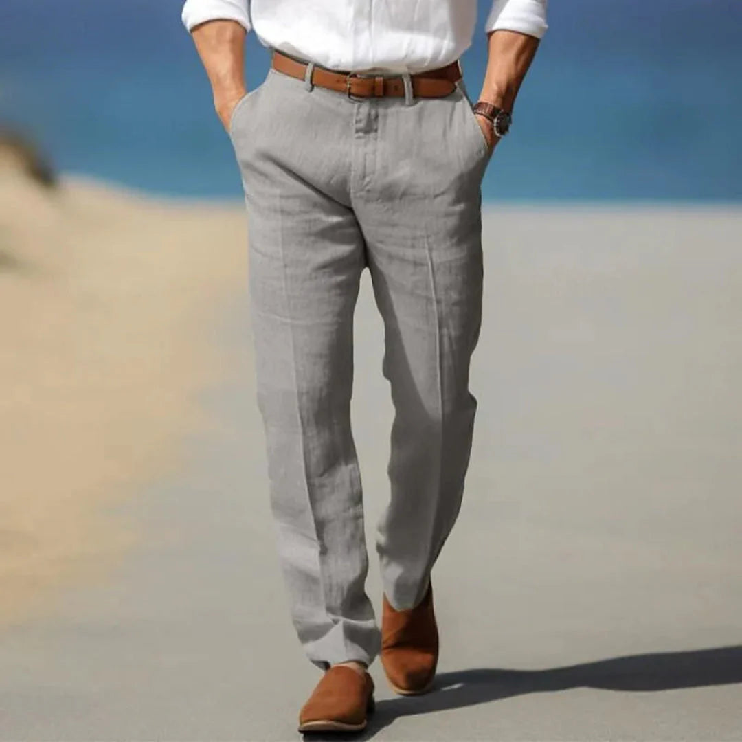 Men's lightweight linen tailored pants relaxed fit neutral tone adjustable drawstring waistband