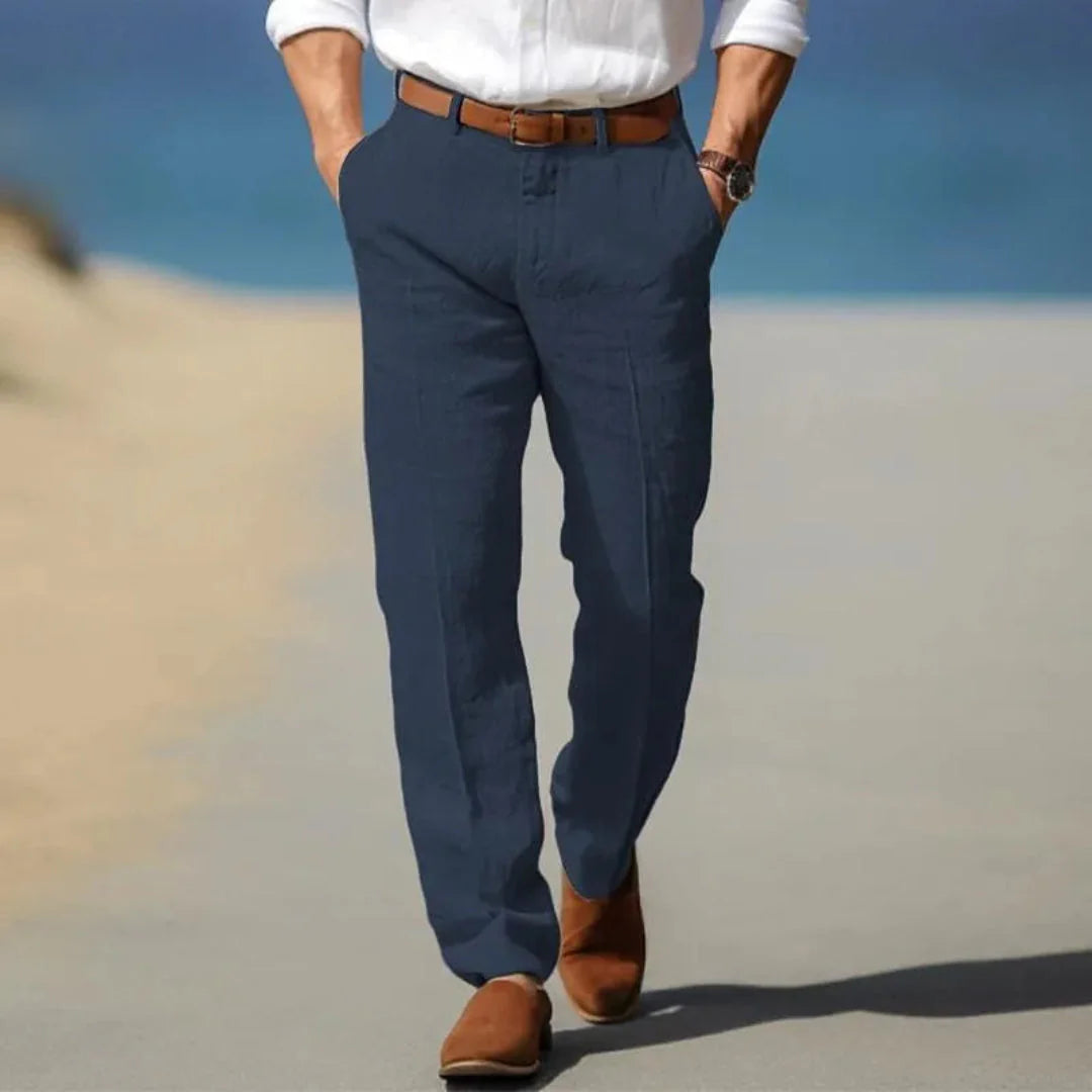 Men's linen tailored pants relaxed fit neutral tone with adjustable drawstring waistband