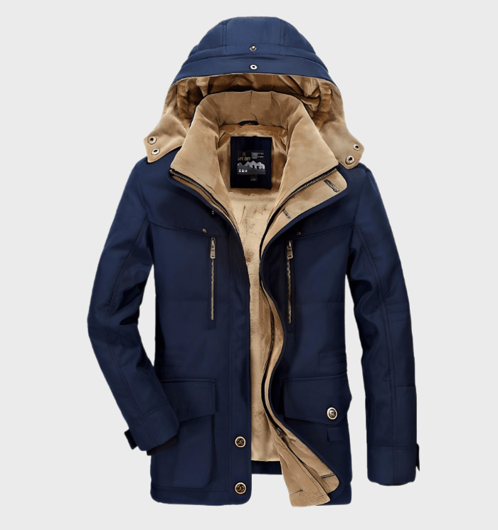 Men's thick winter coat with hood, deep pockets, regular cut, cotton blend, cold weather warmth