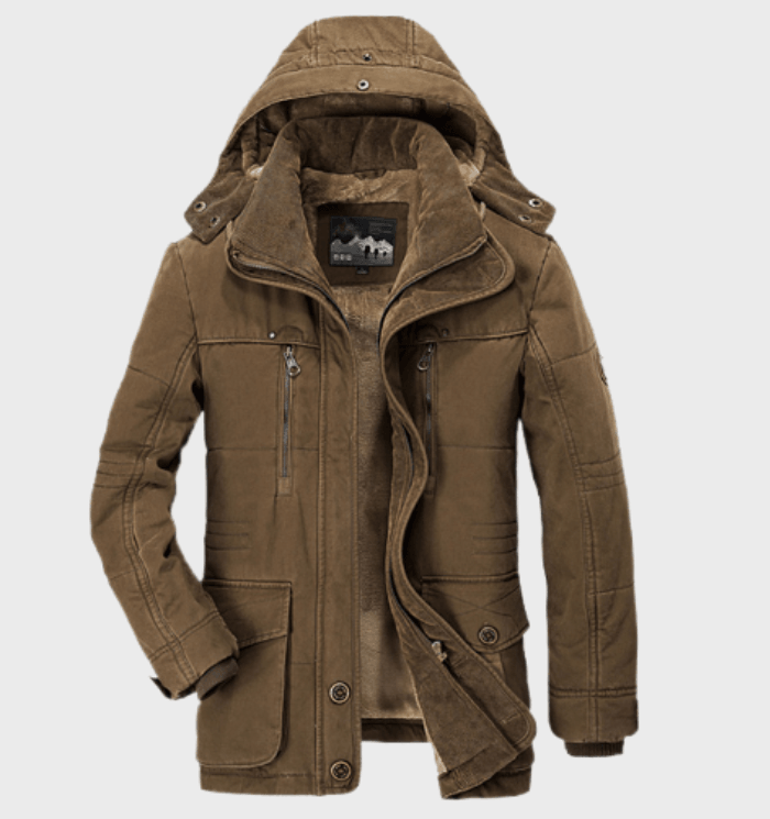 Men's thick winter coat with hood, deep pockets, regular fit, cotton blend, cold weather style