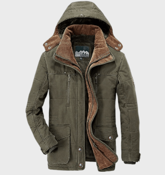 Men's thick winter coat with hood, deep pockets, regular fit, cotton blend, modern cold weather style
