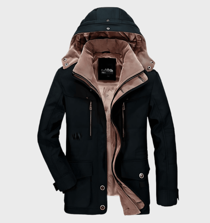 Men's thick winter coat with hood, deep pockets, regular fit, cotton blend, cold weather warmth