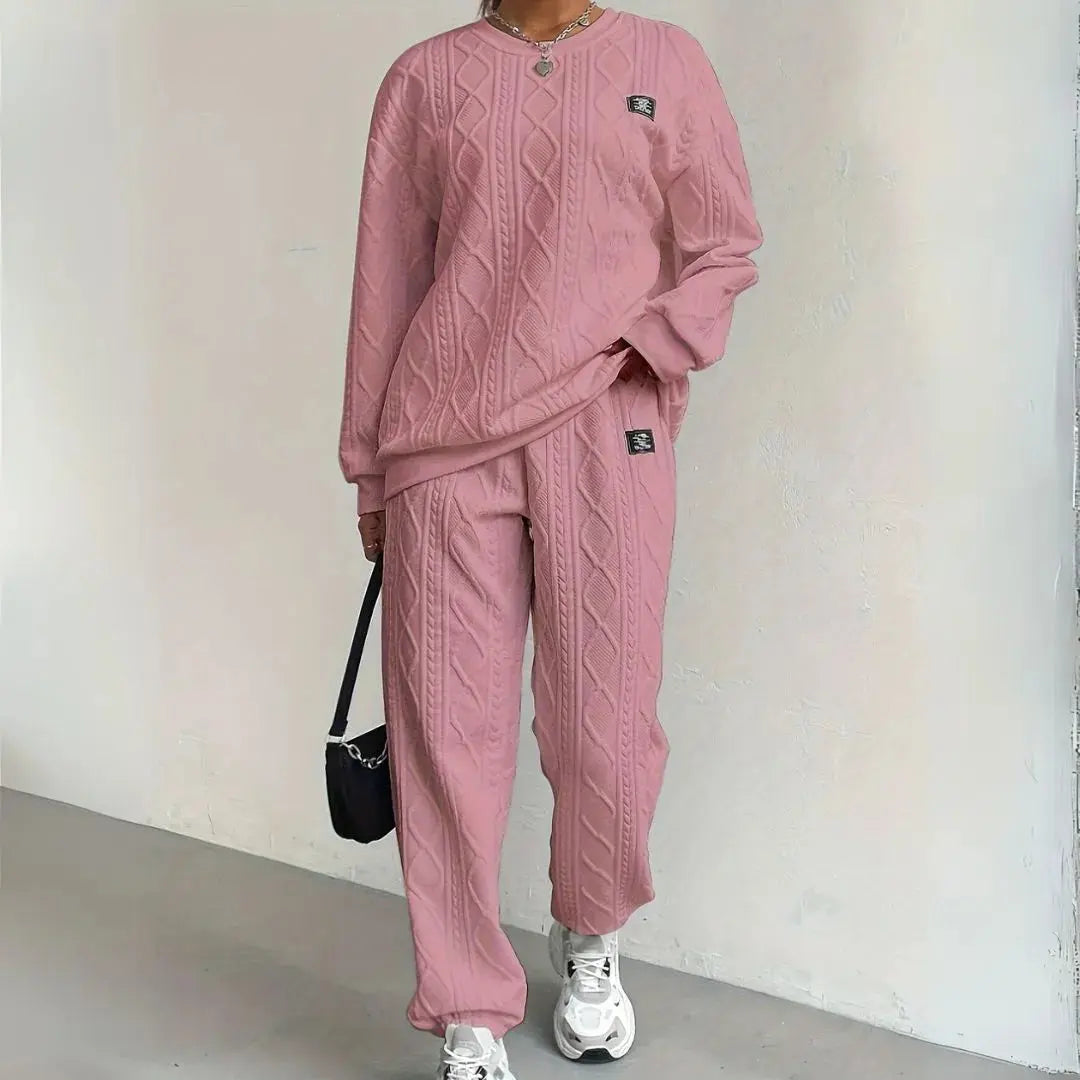 Women's cable knit lounge set textured cozy two-piece relaxed silhouette neutral tones