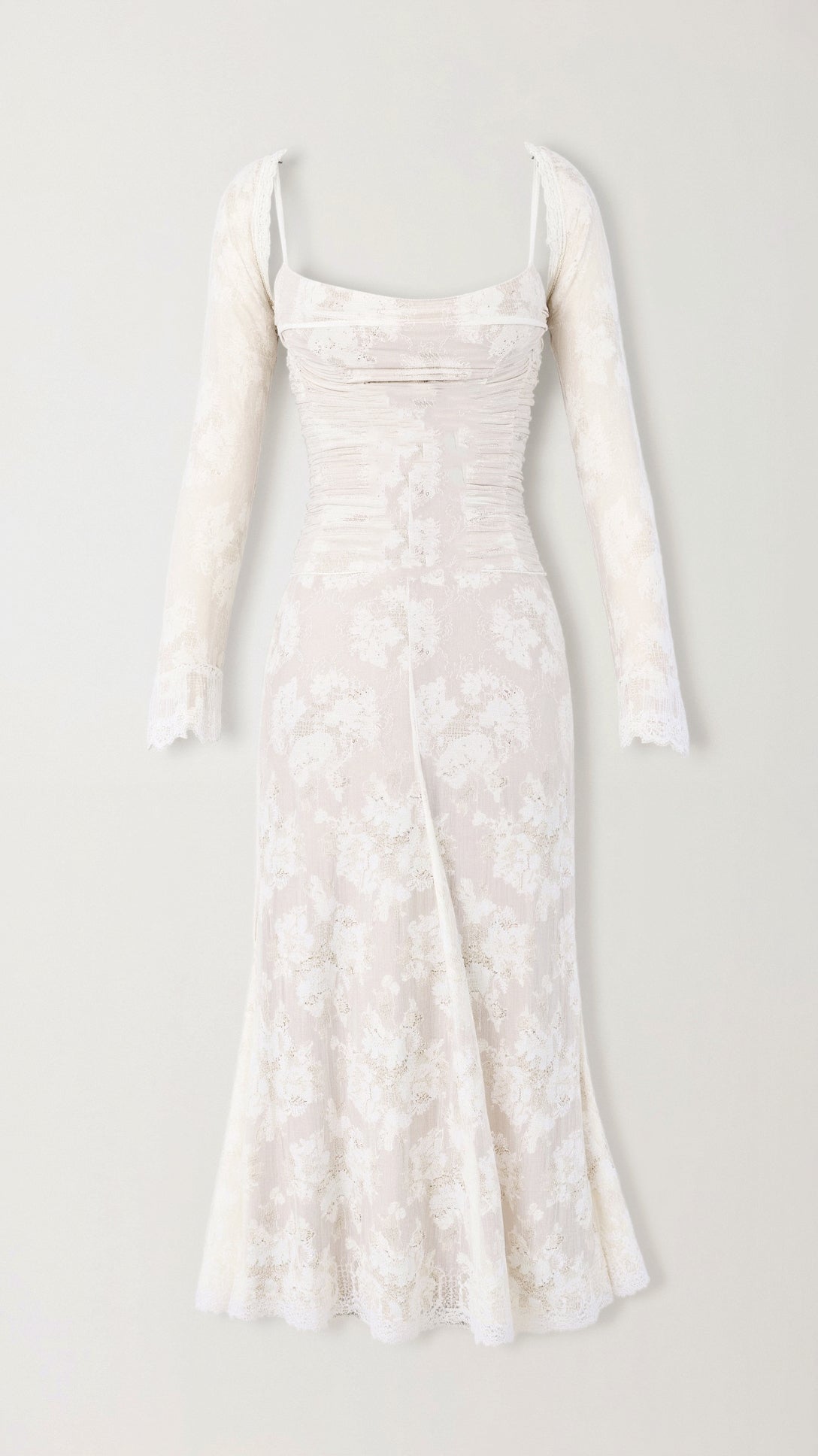 Ivory lace maxi dress with ruched bodice, sheer sleeves, and romantic lace-up back for weddings