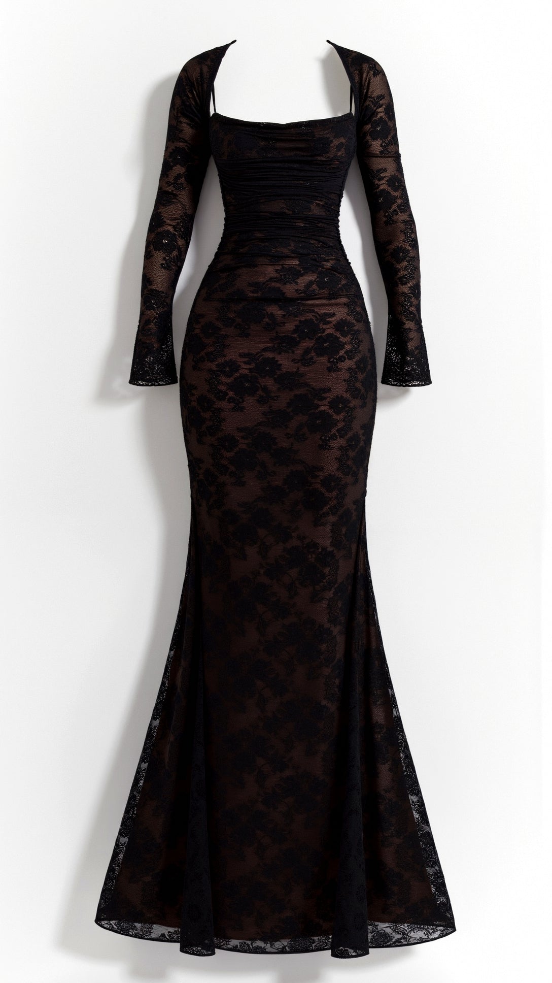 Ivory lace maxi dress with ruched bodice, sheer sleeves, and romantic lace-up back for weddings