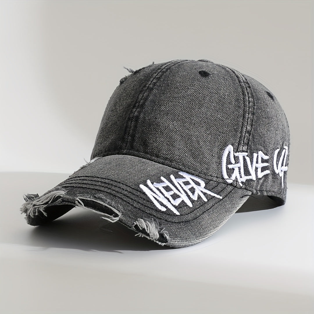 Washed denim cap graffiti embroidery distressed frayed edges unisex adjustable streetwear hat