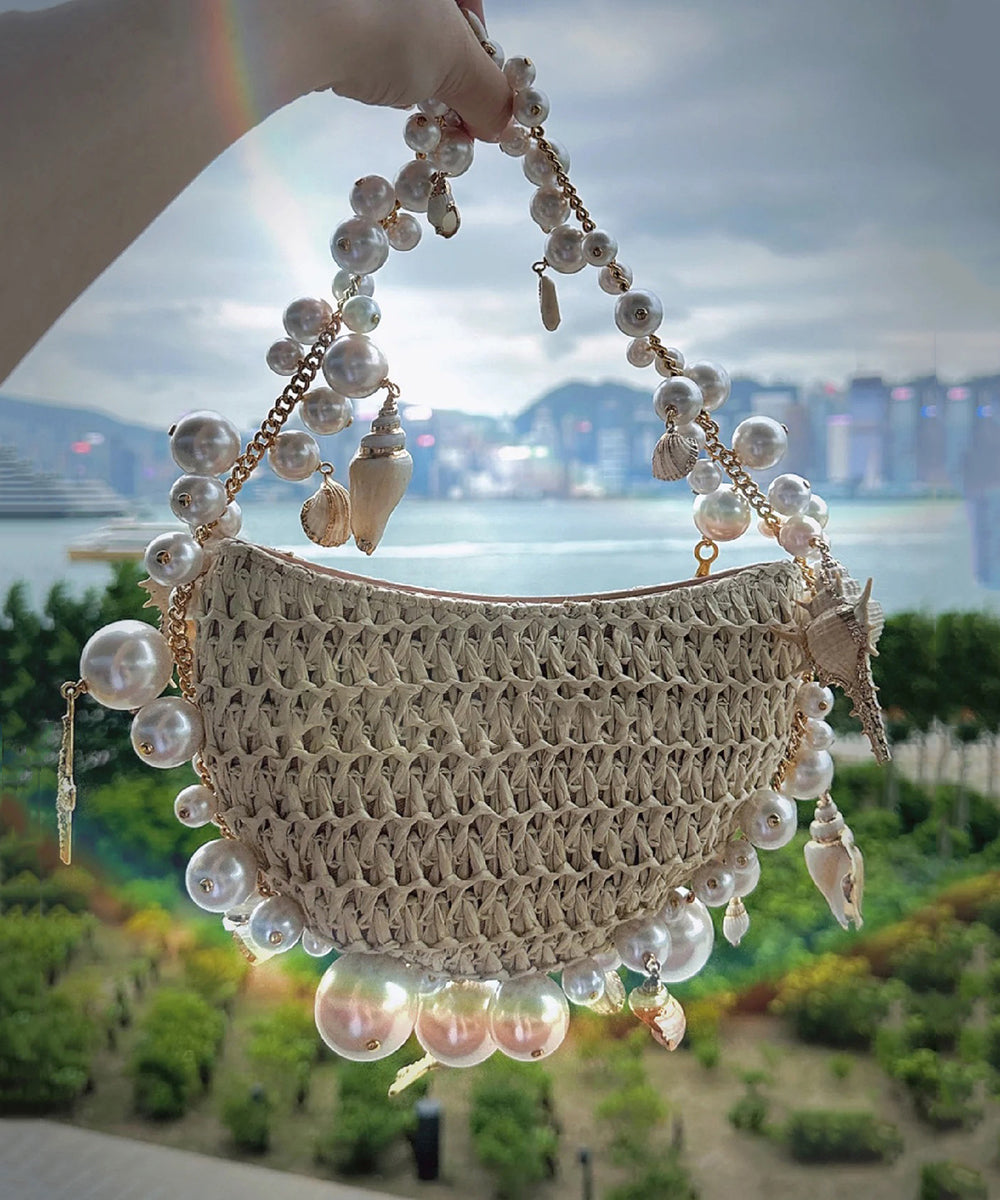 Nouveau sac cabas en paille tressée abricot avec perles - Urbann-Vibe