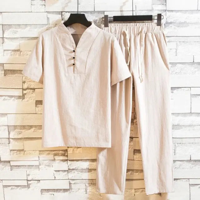 Men's casual beige linen suit breathable relaxed fit with natural drape for everyday wear