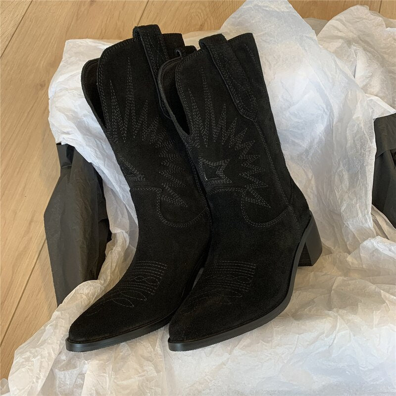 Women's eco-friendly leather cowgirl boots with block heel and unique tree-shaped sole, Western style