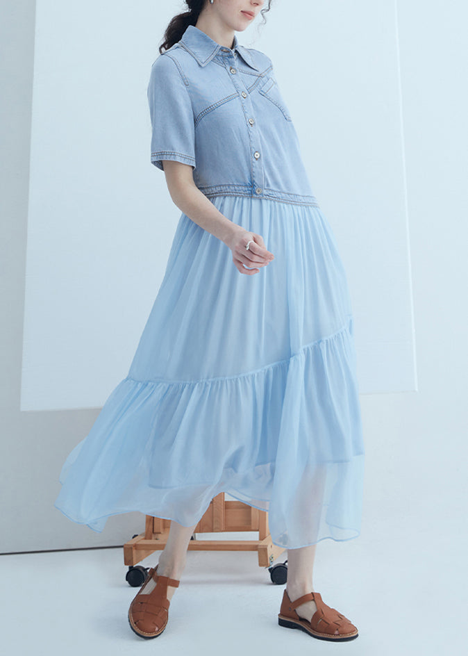 Nouvelle robe d'été asymétrique en denim bleu à col Peter Pan et patchwork de soie - Urbann-Vibe