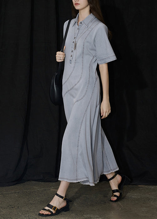 Nouvelles robes longues en denim bleu à col Peter Pan et patchwork pour l'été - Urbann-Vibe