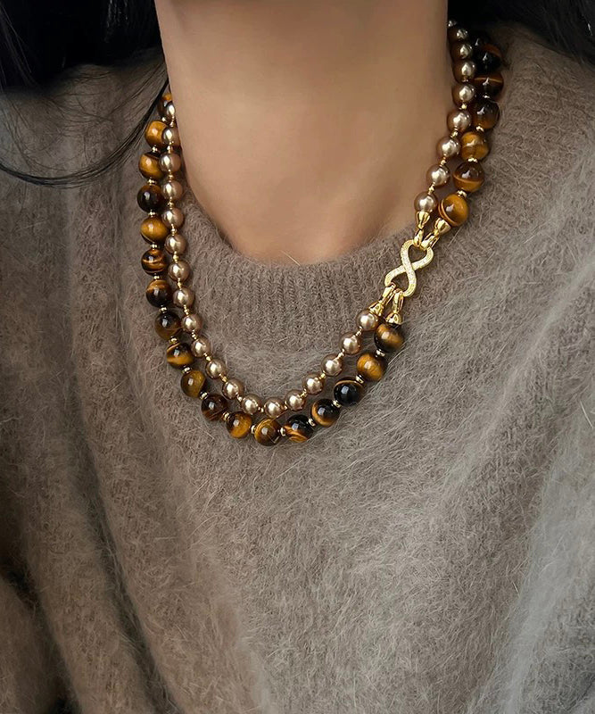 Nouveau collier de perles graduées à double couche en cuivre et œil de tigre - Urbann-Vibe