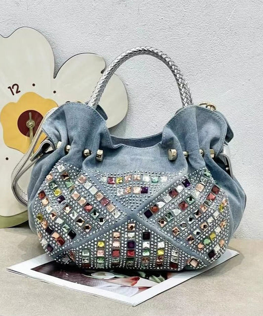 Nouveau sac fourre-tout tendance en denim bleu avec zircon - Urbann-Vibe