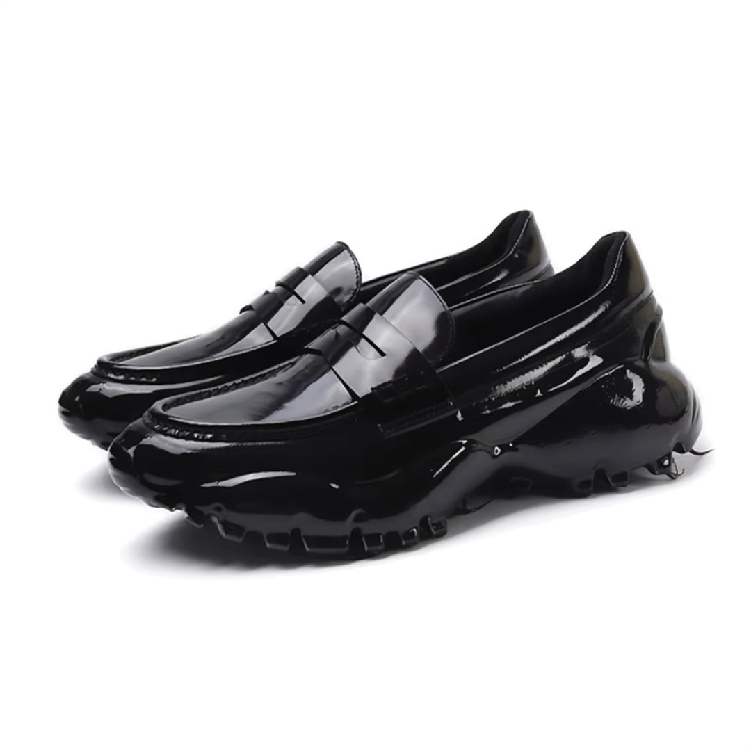 Magma Black genuine leather loafer with minimalist silhouette and bold thick enamel-coated outsole