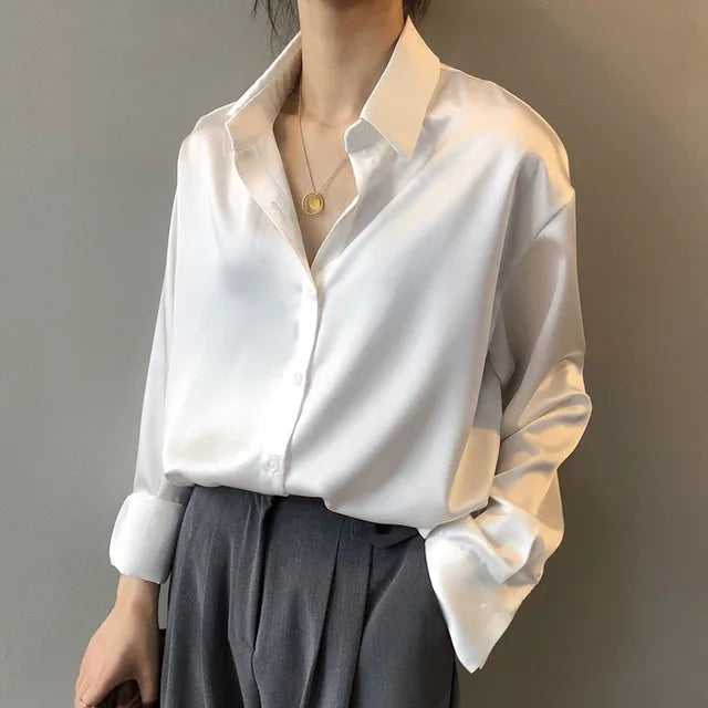 Women's casual loose blouse soft texture subtle shine relaxed silhouette versatile everyday wear