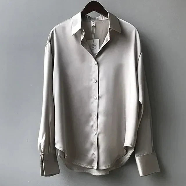 Stella women's satin button-down blouse long sleeve silky sheen elegant office-ready top