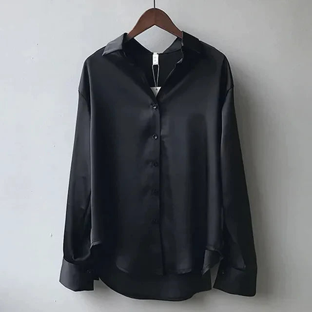 Women's casual loose blouse soft texture subtle shine relaxed silhouette versatile everyday wear