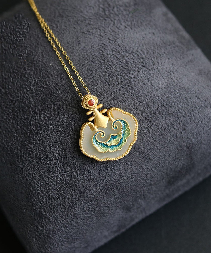 Collier pendentif en or ancien avec émail et jade - Urbann-Vibe