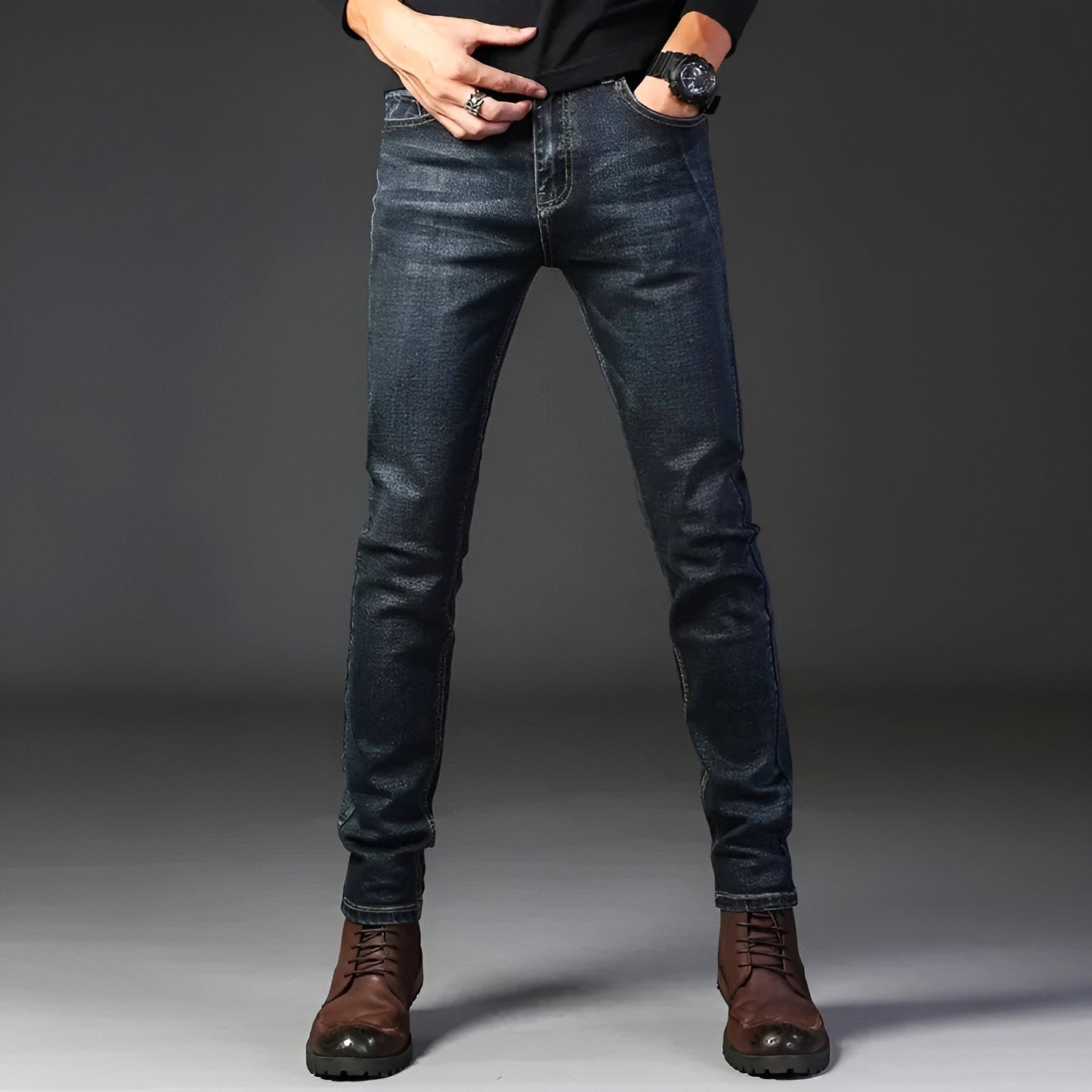 Stone wash slim-fit stretch denim jeans in blue with 4-way flex for active men
