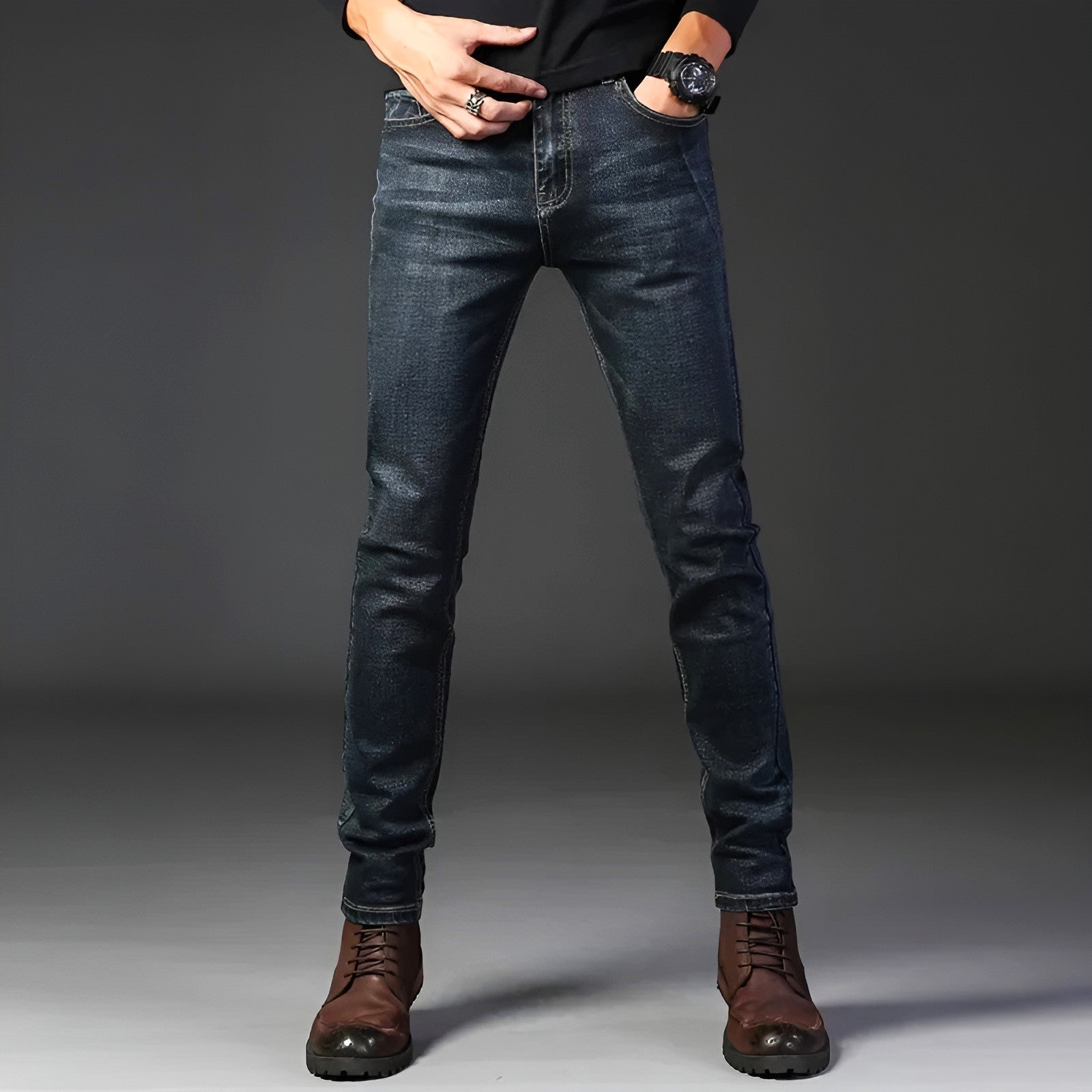 Stone wash slim-fit stretch denim jeans in blue with 4-way flex for active men