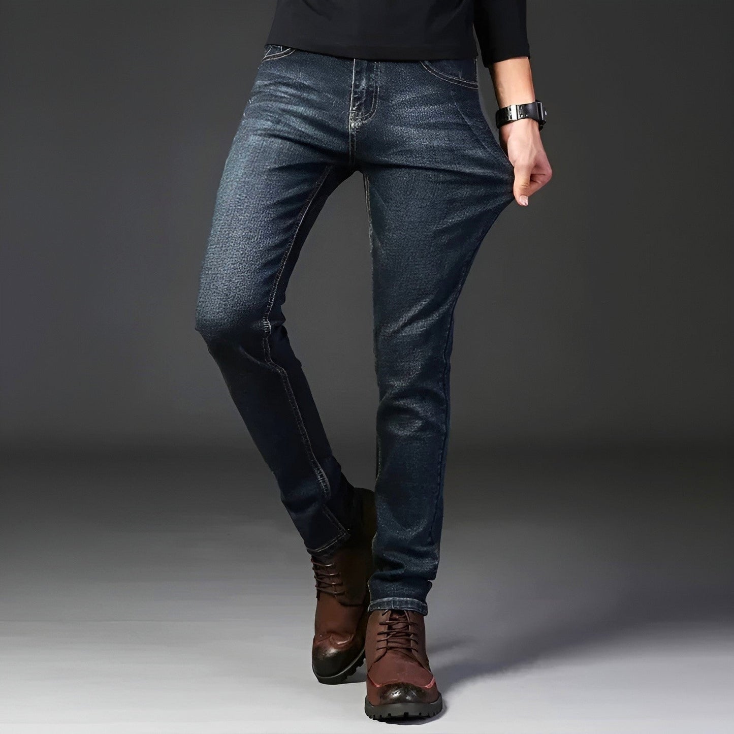 Stone wash slim-fit stretch denim jeans for men with 4-way flexibility and rugged twill cotton