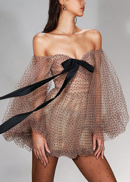 Nouvelles mini-robes en tulle à pois kaki et épaules dénudées, manches lanternes - Urbann-Vibe