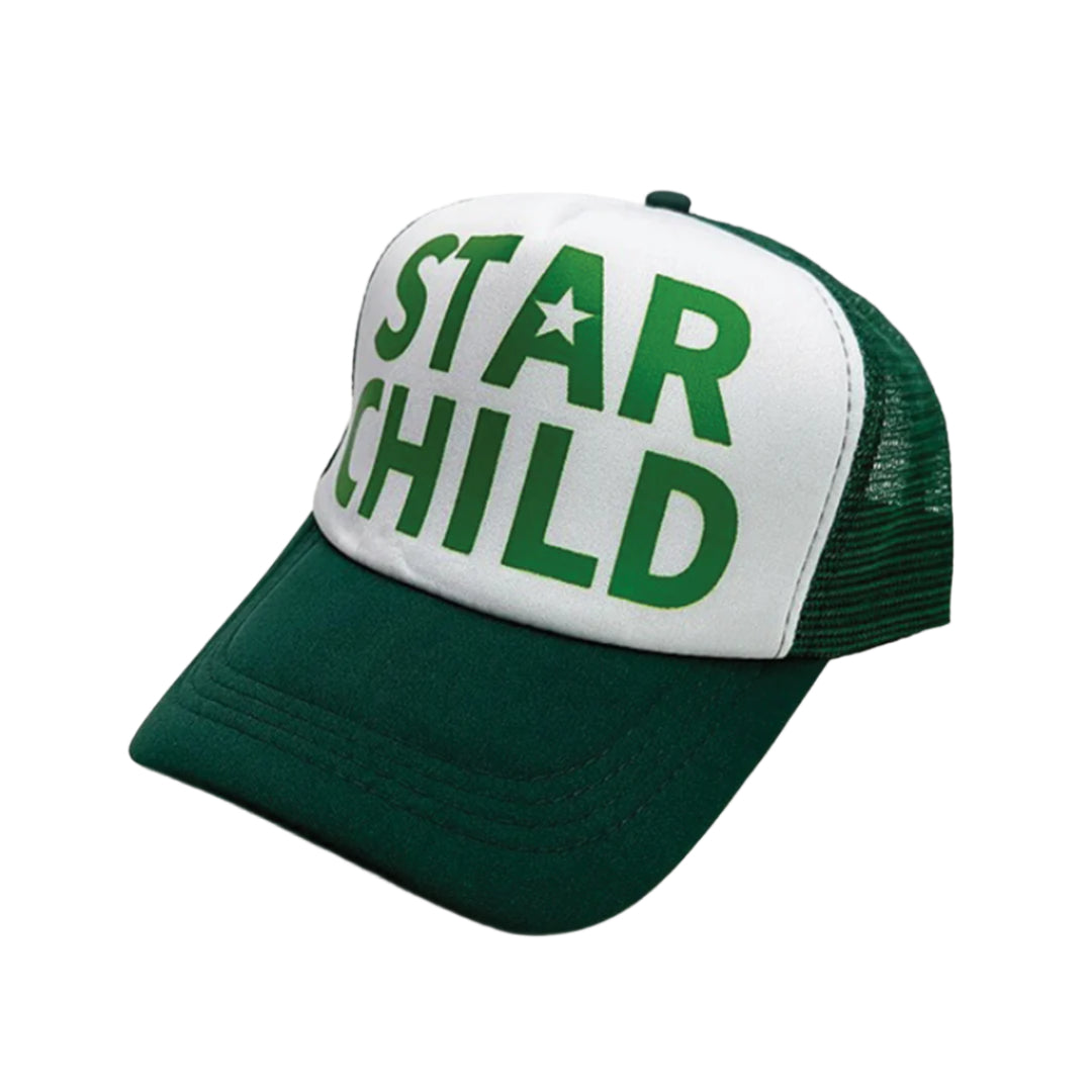 Black trucker hat adjustable fit with bold cosmic Star Child front graphic print for stargazers