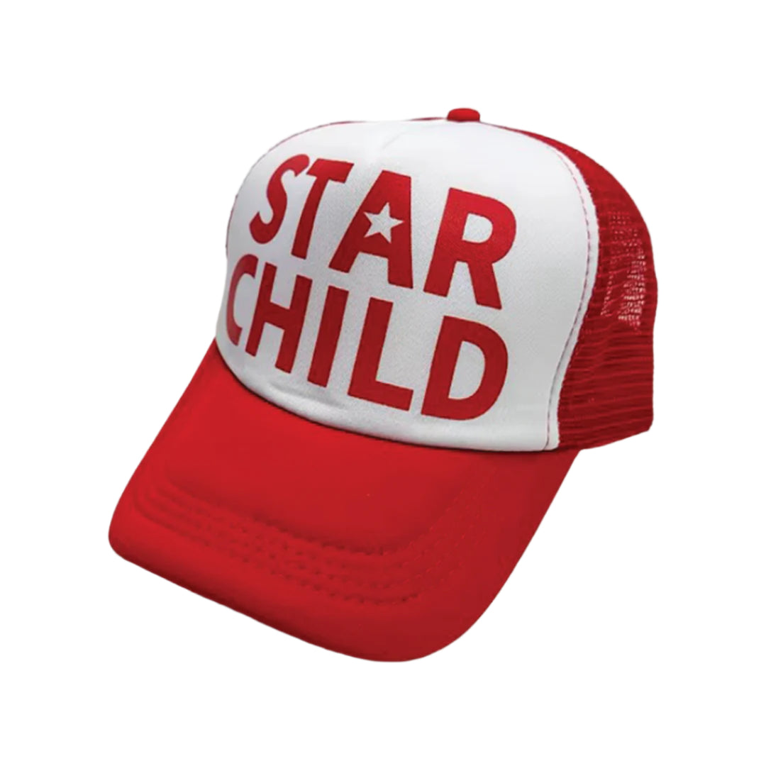 Star Child trucker hat cotton-poly blend adjustable cap with bold cosmic front graphic print