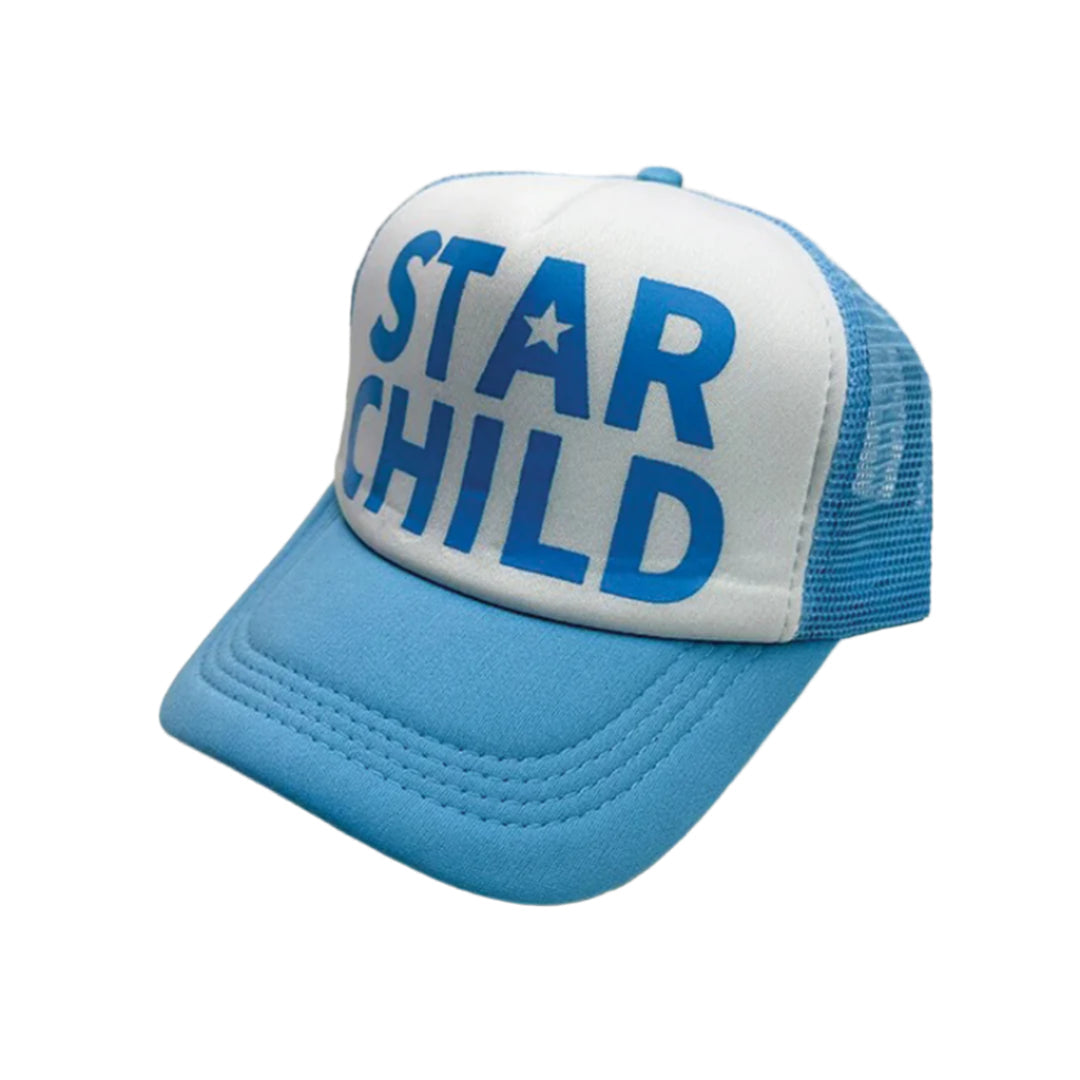Star Child trucker hat beige cotton-poly blend adjustable cap with bold cosmic front graphic