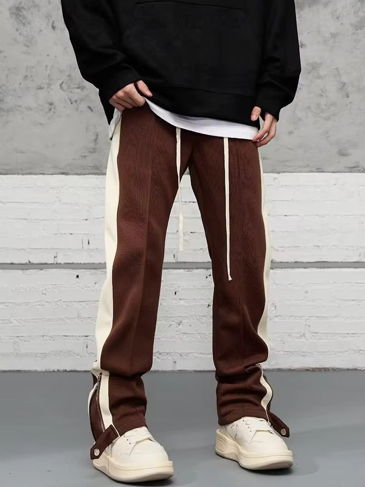 Women's black cotton blend straight-leg pants with side stripe zipper ankle detail, 90s-inspired style