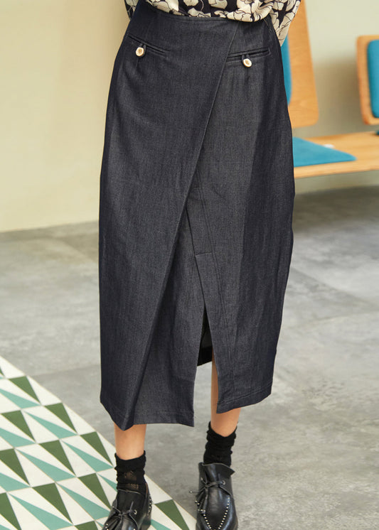 Nouvelles jupes en jean bleu marine asymétriques ouvertes sur le devant pour l'automne - Urbann-Vibe