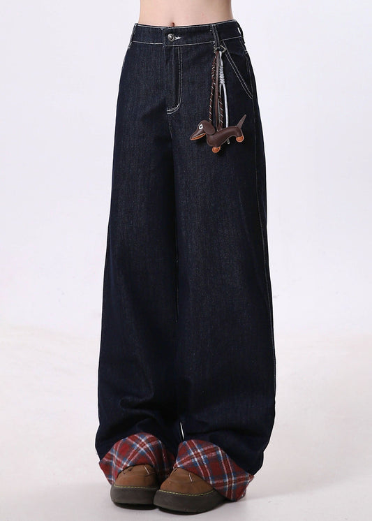 Pantalon large en denim bleu marine avec poches patchwork, nouvelle collection printemps - Urbann-Vibe
