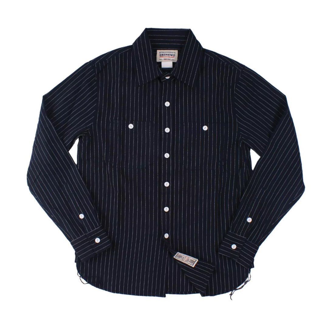 Rugged loose-fit long-sleeve denim work shirt in classic blue, crafted from American cotton