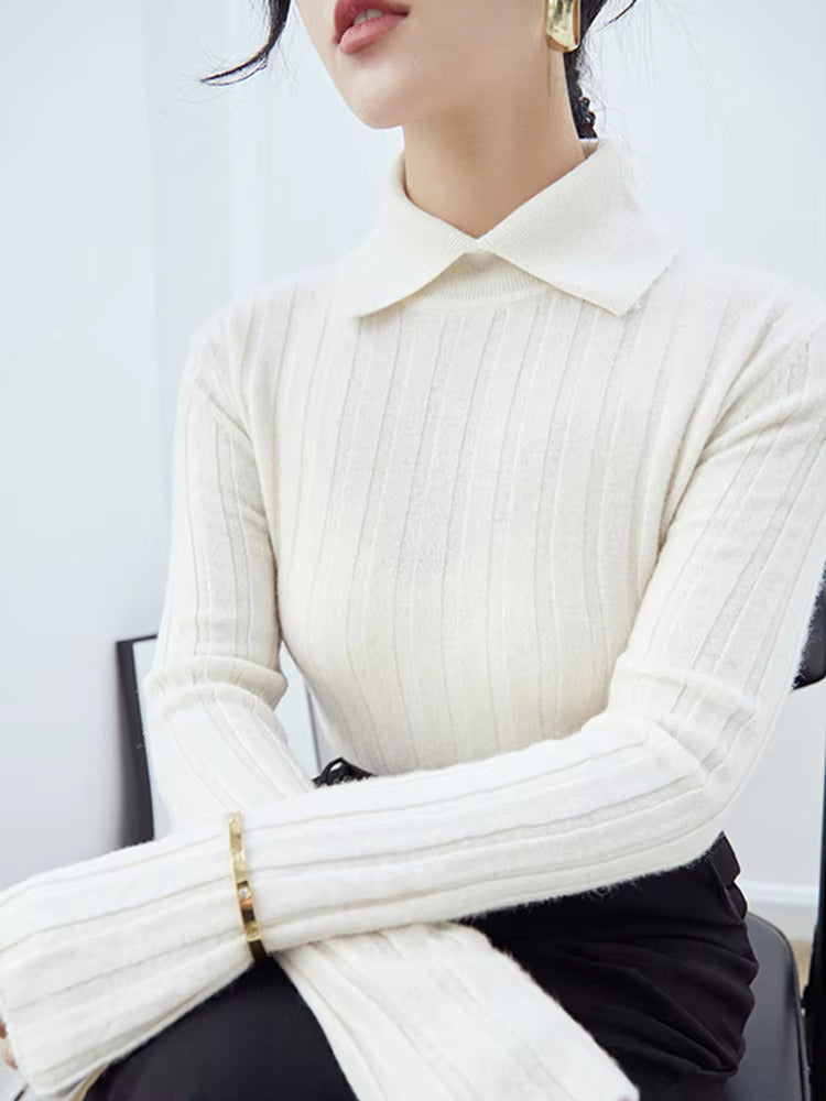 Women's classic high collar ribbed knit polo top in soft fabric, professional office style