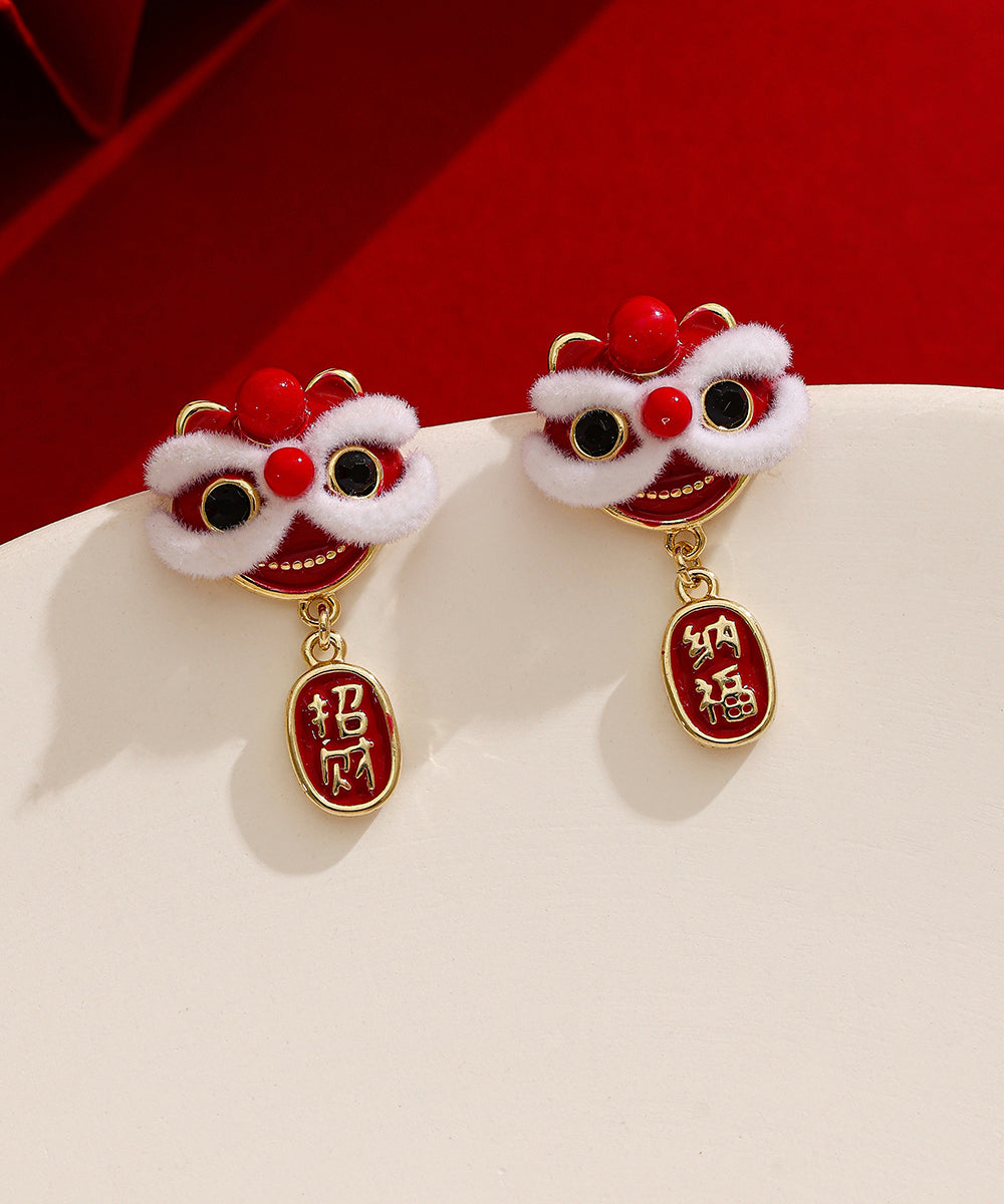 Boucles d'oreilles pendantes en cuivre rouge 14 carats en or 14 carats avec motif de danse du lion - Urbann-Vibe