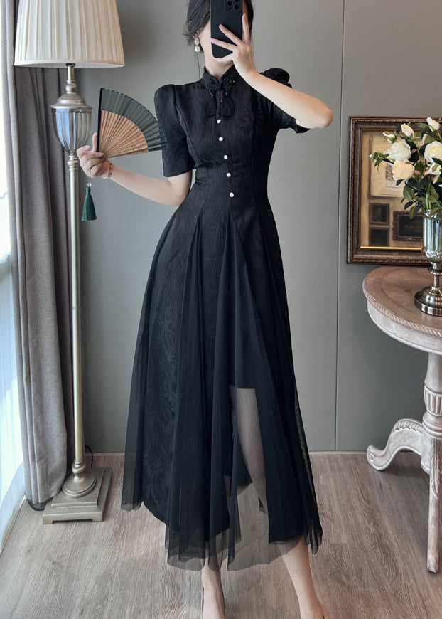 Nouvelle robe d'été rétro noire en tulle à manches bouffantes et patchwork - Urbann-Vibe