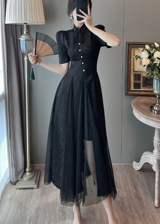 Nouvelle robe d'été rétro noire en tulle à manches bouffantes et patchwork - Urbann-Vibe