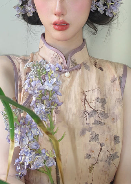 Nouvelles robes cheongsam rétro en coton imprimé kaki sans manches - Urbann-Vibe