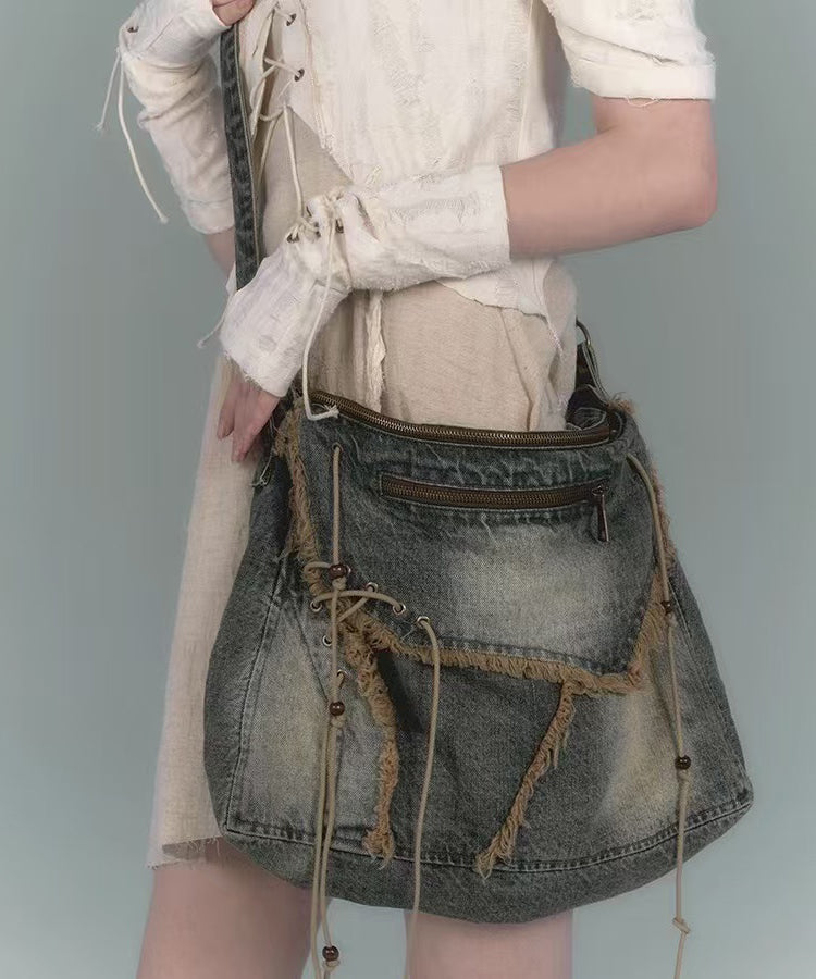 Nouveau sac messager rétro en denim bleu marine avec bordure à franges, grande capacité - Urbann-Vibe