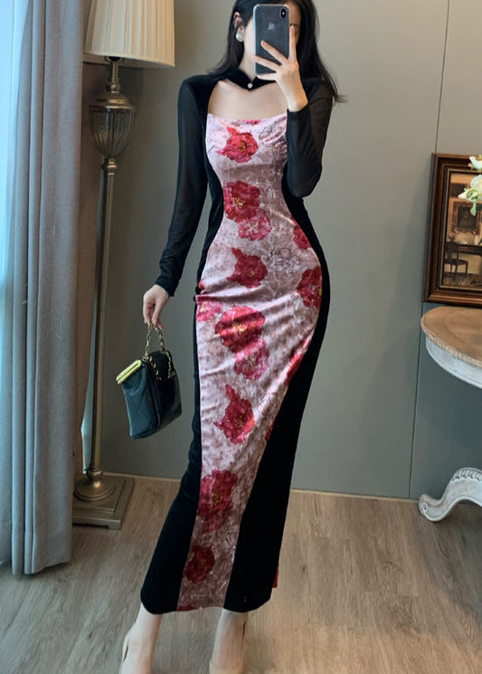 Nouvelles robes de vacances rétro en velours de soie à imprimé patchwork rose pour l'automne - Urbann-Vibe